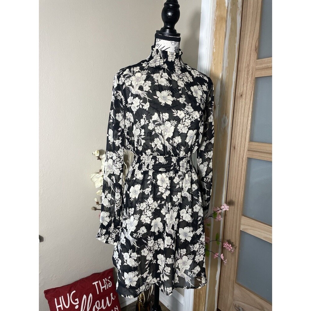 Lost + Wander Floral Mini Dress Small Black Sheer High Neck Long Sleeve Boho